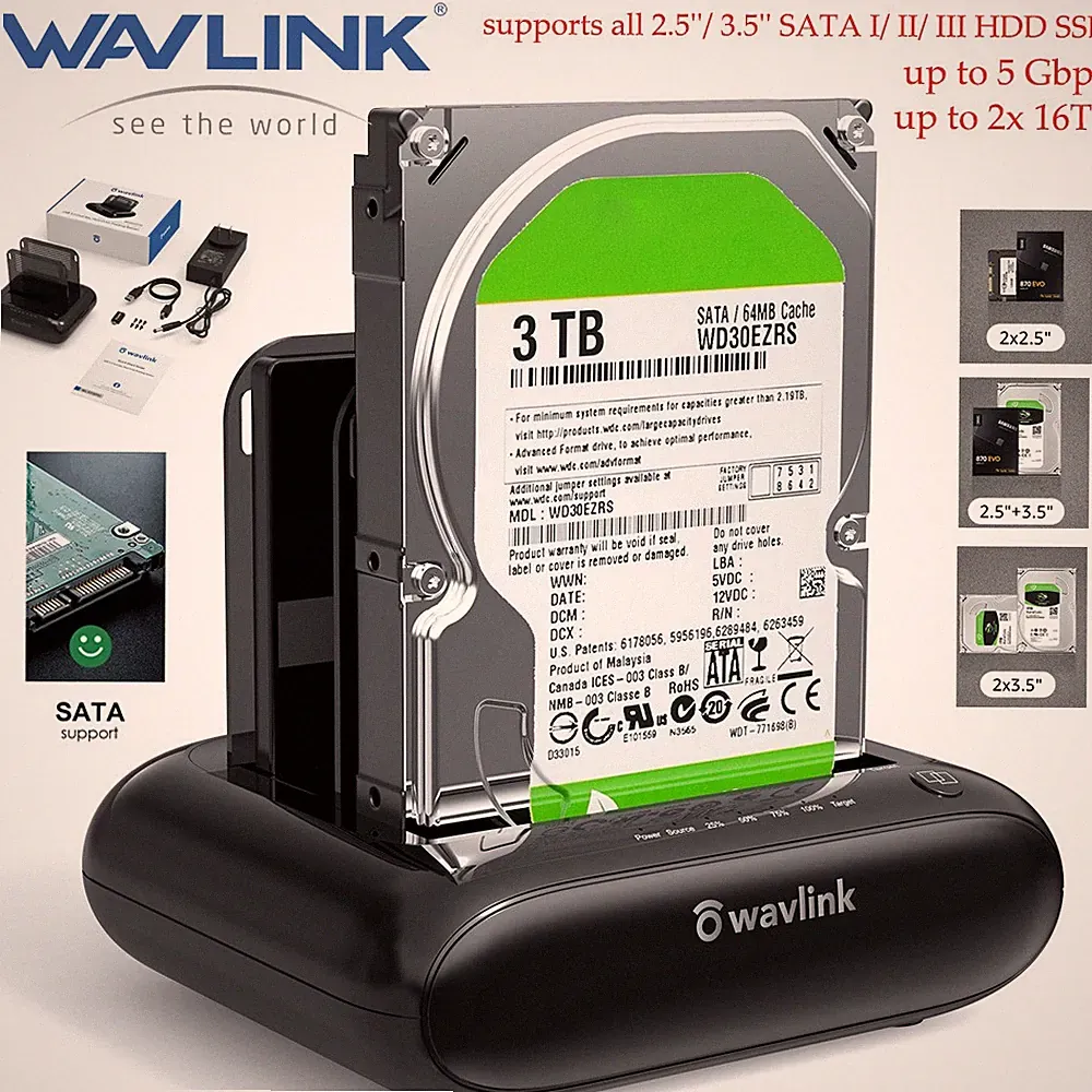 Wavlink External Hard Drive Enclosure 2.5/3.5in HDD SSD Dock 2 Bay Offline Clone